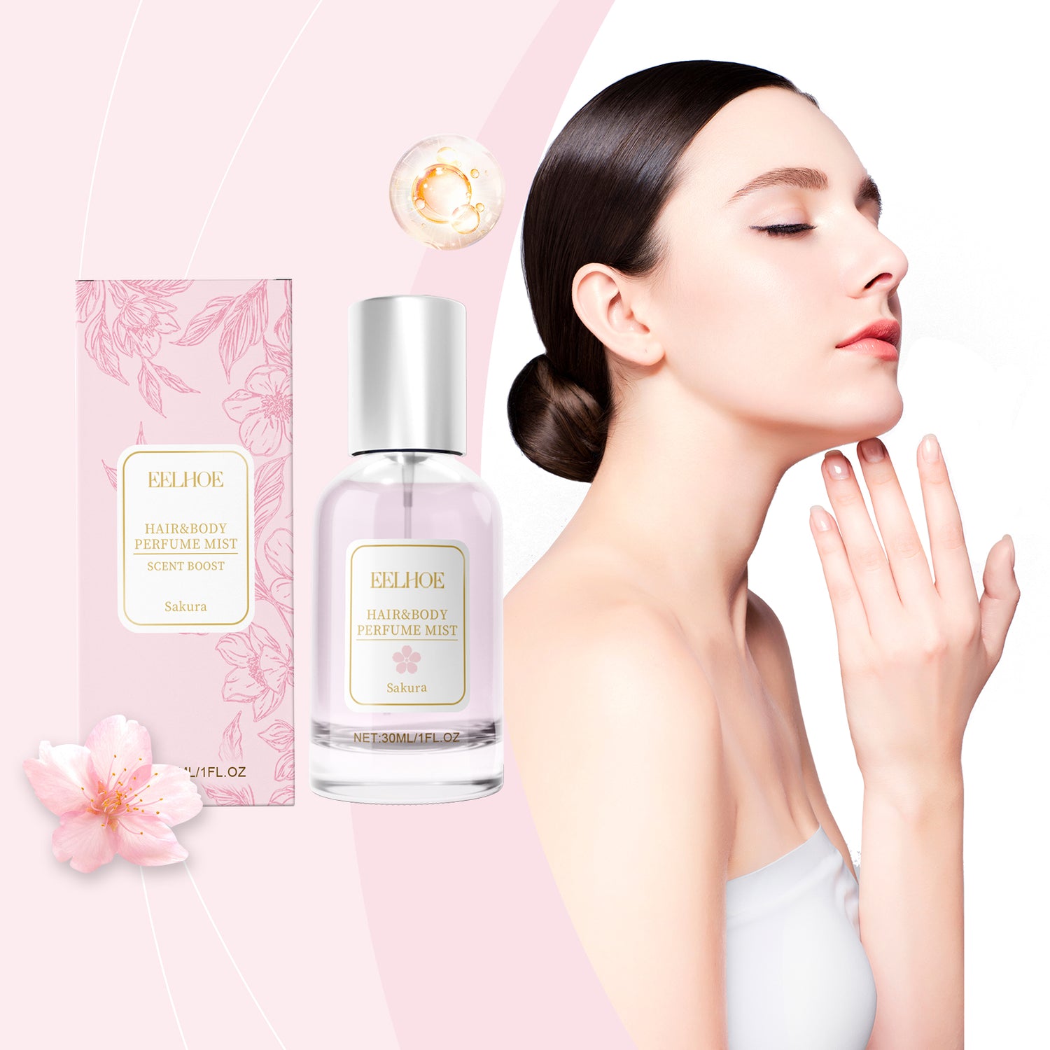 Woman applying perfume beside elegant perfume bottle and packaging on pink background