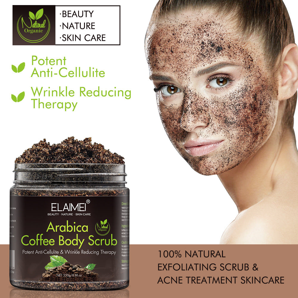 Woman using Elamei Arabica Coffee Body Scrub skincare treatment