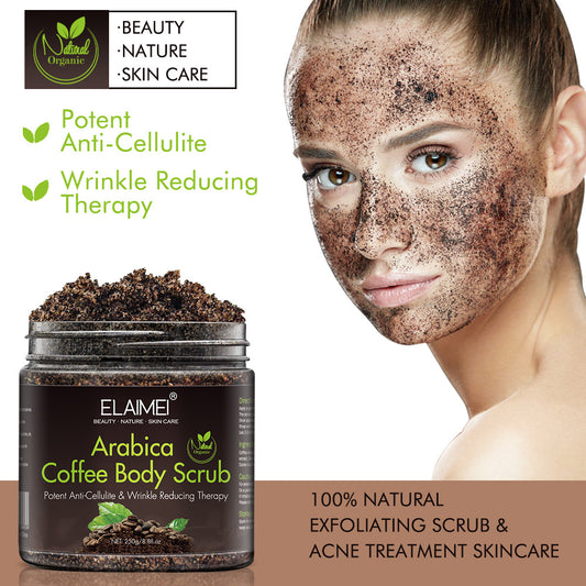 Woman using Elamei Arabica Coffee Body Scrub skincare treatment