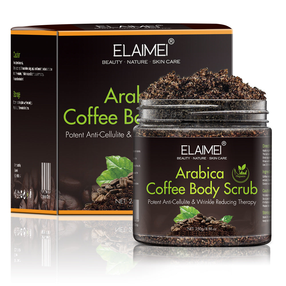 Elaimei Arabica Coffee Body Scrub with product packaging on white background