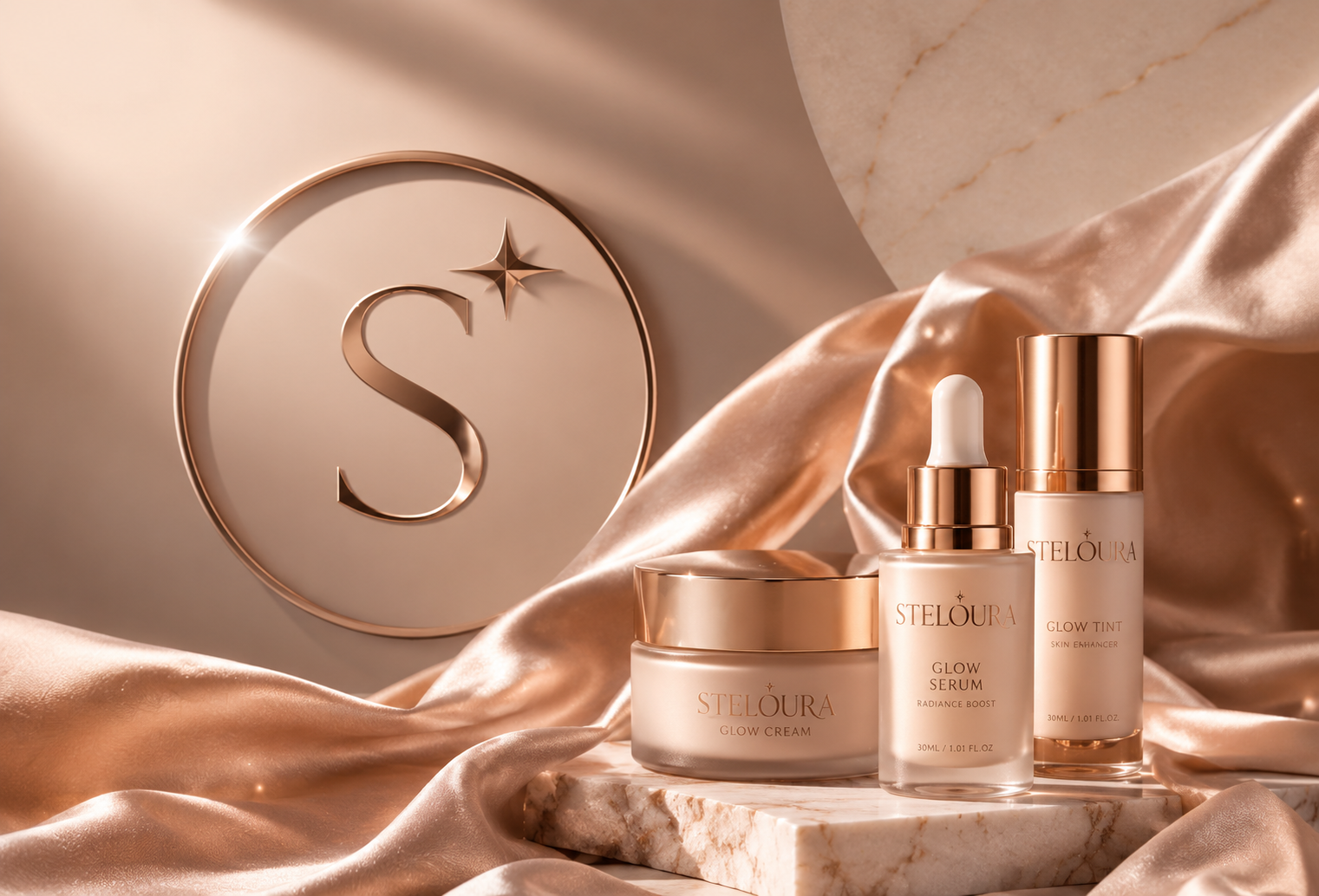 Steliaora skincare products displayed on a luxurious fabric background