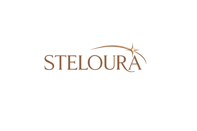 Steloura logo in brown on white background