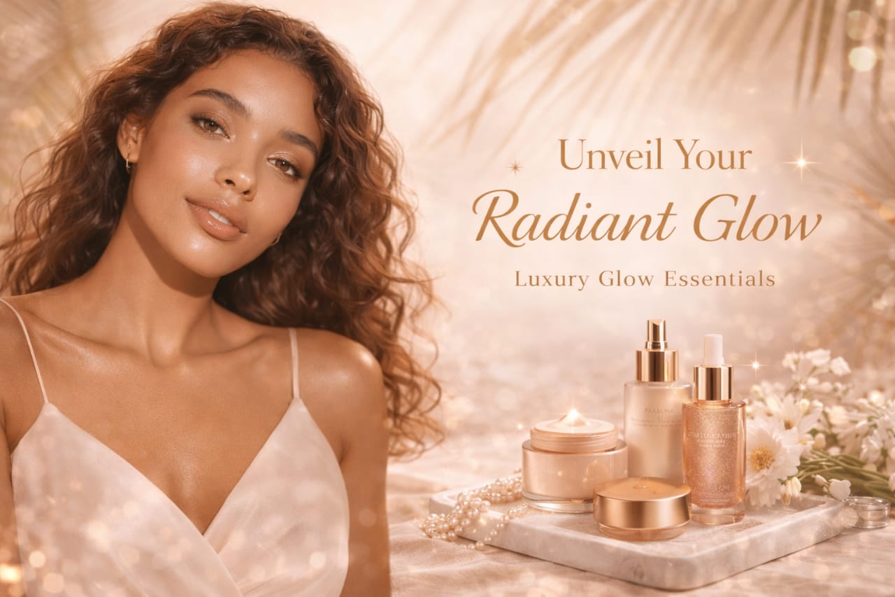 Woman with healthy glowing skin beside premium skincare products