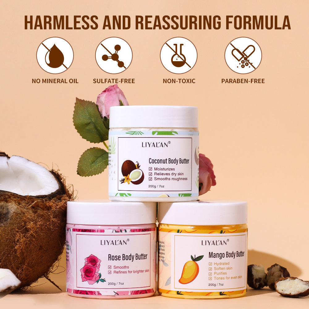 LIYACAN coconut, rose, and mango body butter jars on beige background