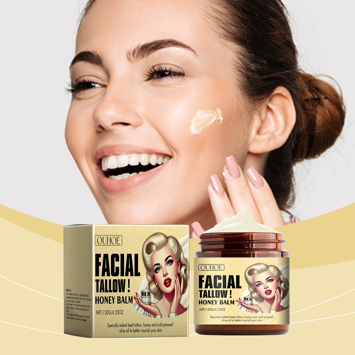 Natural honey balm skincare packaging with woman using face moisturizer